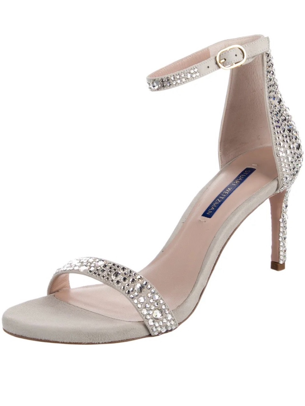 ✨Stuart Weitzman Crystal-Embellished Ankle-Strap Heels in Grey/ White✨